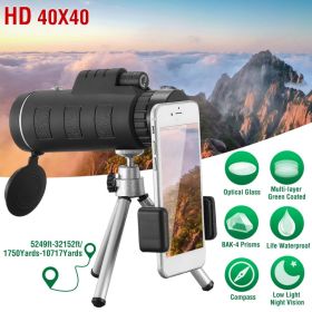 1Pc 40 Plus 40 HD Optical Monocular Telescope With FMC Lens Low Light Vision Scope Phone Holder Tripod Compass For Bird Watching Hunting Camping (Option: Black)
