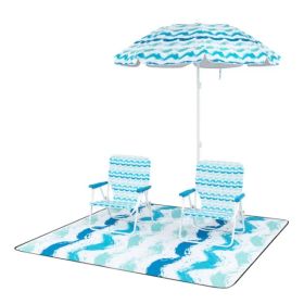 4-Piece Beach Set With 6.2ft Sun-Proof Umbrella, 2 Folding Chairs & 80 X 80 Waterproof Blanket-Blue (Option: Defaulttitle)